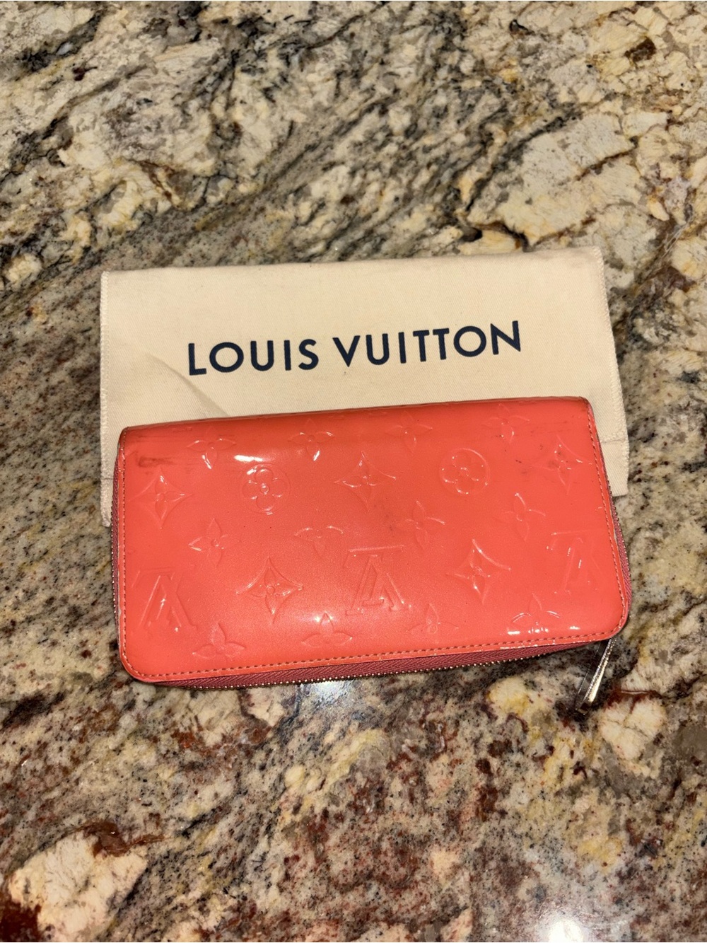 Louis Vuitton Coral Patent Vernis Monogram Zip Around Wallet